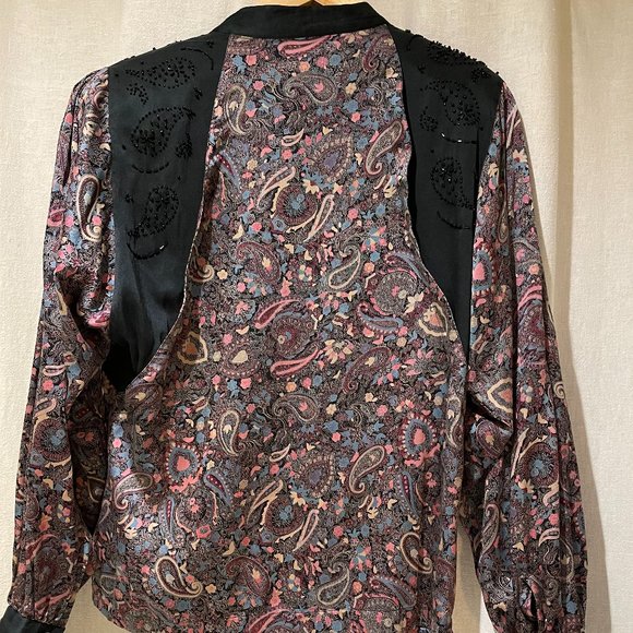 Evening 80s 💯silk blouse from Mercedes & Adrienne paisley beaded tie collar - Picture 9 of 14